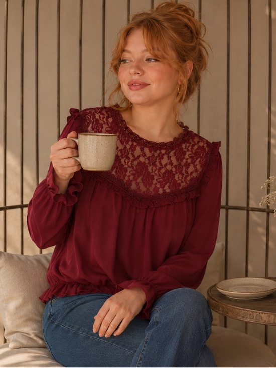 Modcloth Tops - ModCloth Burgundy Lace Yoke Long-Sleeve Blouse